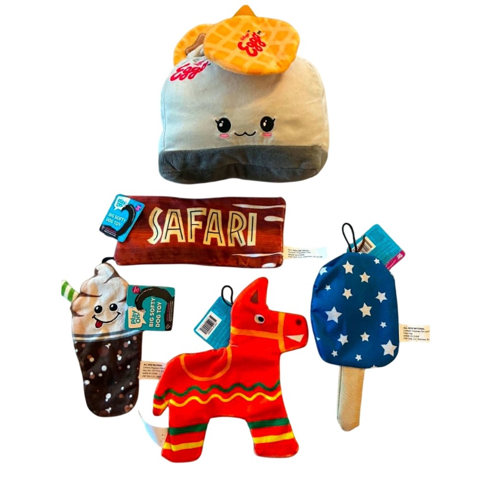 Play On! Dog Toy Bundle Pet 5pc Multicolor NEW Eggo Toaster Safari Pinata Plush
